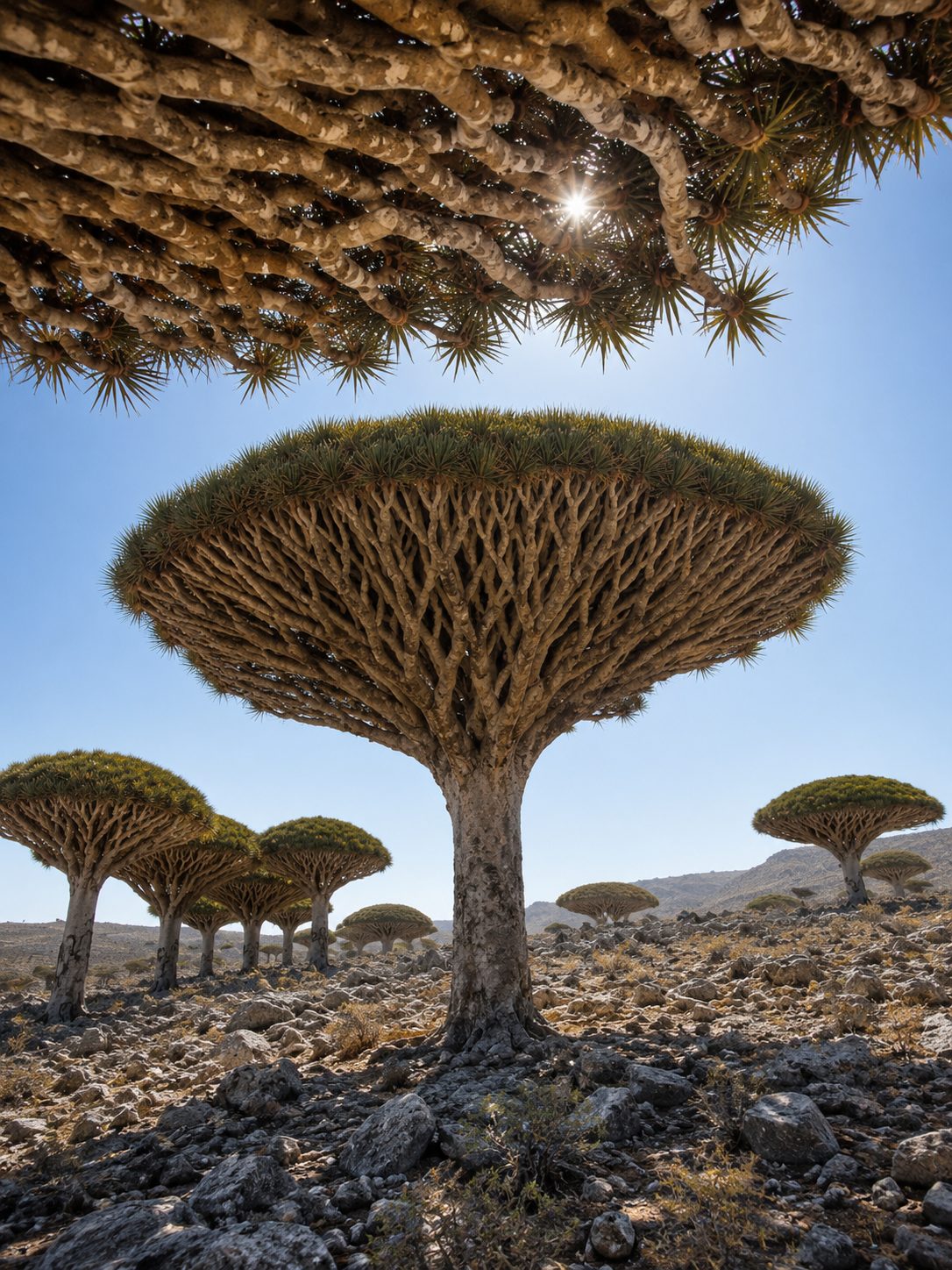 Dragon blood trees on a sunlit rocky hillside beneath a spiny canopy